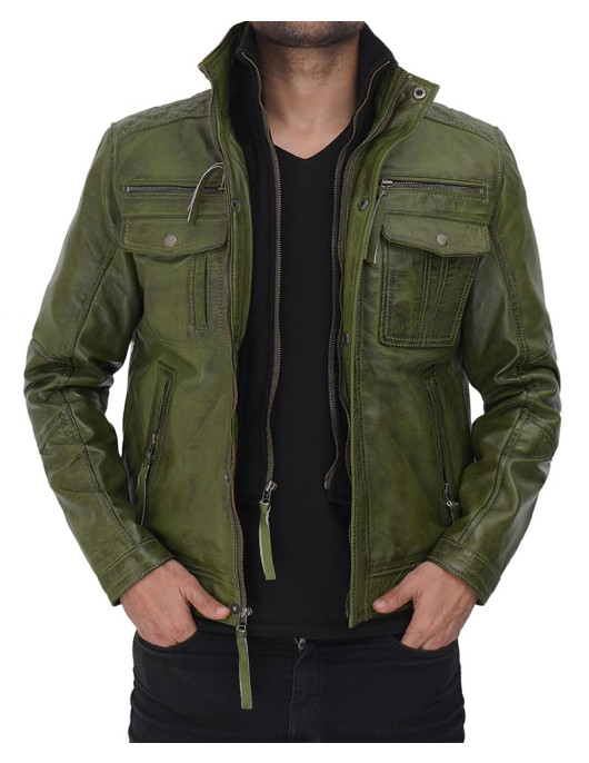 Moffit Distressed Dark Green Leather Jacket Mens HGH 096